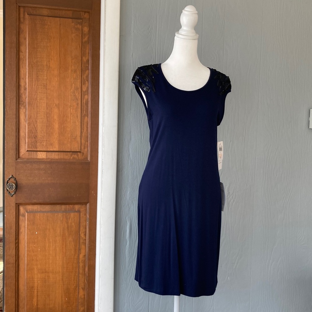 Design History Navy Blue Dress with black sequins on shoulders - New with Tags